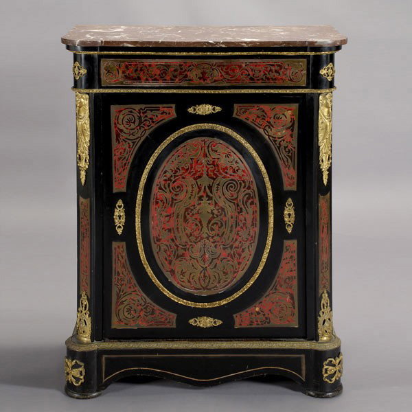 Napoleon III Gilt Bronze Boulle Meuble D'Appui: Napoleon III Gilt Bronze Mounted Boulle Single Door Meuble D'Appui The outswept canted rouge marble specimen rectangular top with a chamfered leafy cornice mount, above a scrolling acanthus vine friez