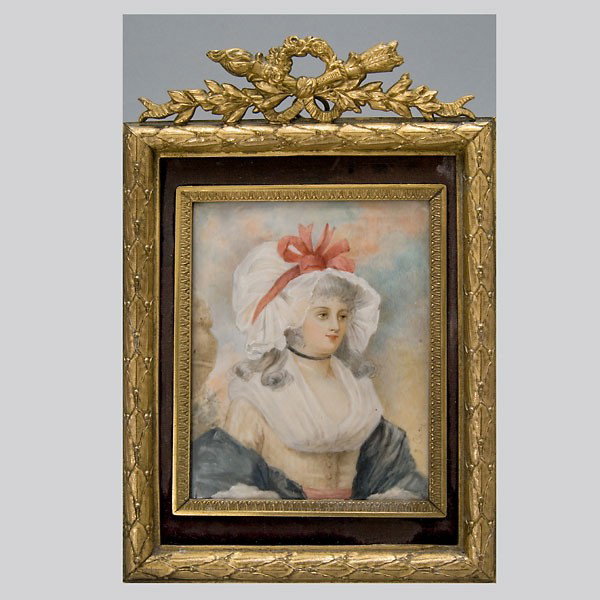 English Portrait Miniature of Georgiana, J Cazel: English Portrait Miniature of Georgiana, Duchess of Devonshire The half length portrait of the Duchess with a wide brimmed hat tied with a red ribbon, wearing a yellow striped dress and white fichu, 