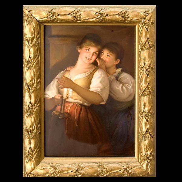 A. Muller KPM Porcelain Plaque: Good Night: KPM Porcelain Plaque: Good Night The rectangular form depicting two young girls, the front figure of a blond girl holding a candlestick in one hand, the other hand cupping the candlelight, the dark ha