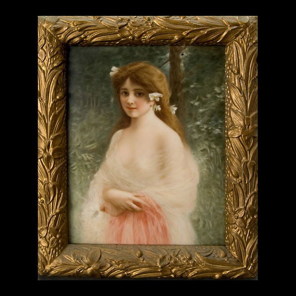 Wagner KPM Porcelain Plaque: Edelweiss: KPM Porcelain Plaque: Edelweiss The rectangular form depicting a young red haired beauty, wearing a diaphanous translucent shawl over an apricot gown, flowers in her hair, her right hand gasping a flo