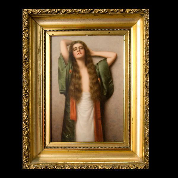 Wagner KPM Porcelain Plaque of a Lady: KPM Porcelain Plaque of a Lady The rectangular form depicting a young beauty with long brown tresses, wearing an open Japanese green silk kimono robe, caught stretching her arms up above her head, res