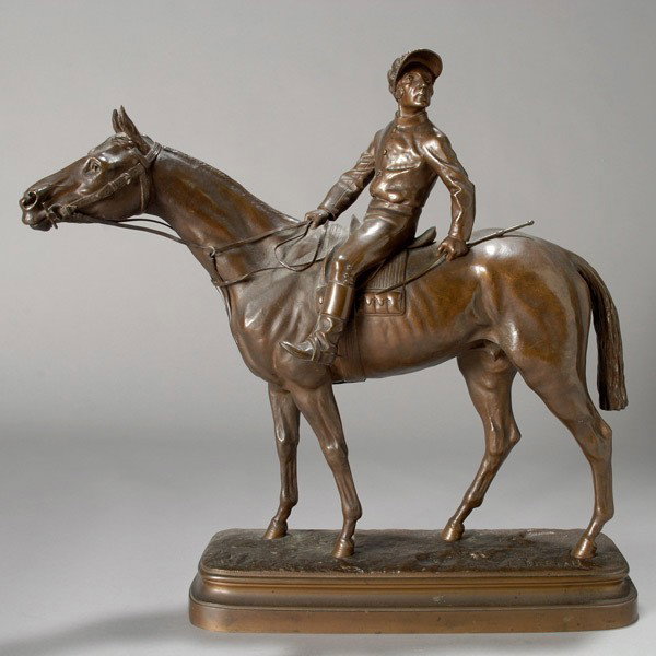 Leon Bureau Bronze Horse & Jockey: French Animalistic Bronze Group of A Jockey and Horse Naturalistically cast figure of a jockey looking to the left, atop a fine mare, raised on an oval base cast with ground cover, the bronze a fine b