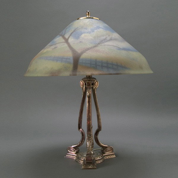 Pairpoint Interior Painted Lamp: Pairpoint Interior Painted Lamp The domical shade reverse painted on the interior sides with a continuous rural landscape with a fence in hues of pink, purple, orange, and green; the two light columna