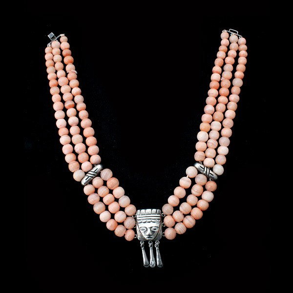 MEXICAN CALCITE BEAD, STERLING SILVER NECKLACE.: MEXICAN CALCITE BEAD, STERLING SILVER NECKLACE. Featuring three strands of 11.00 mm calcite beads, accented by two stering silver spacers and one native Indian face, completed by a hook clasp forming 