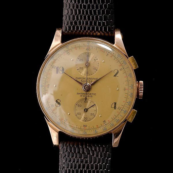 CHRONOGRAPHE SUISSE, 18K R. GOLD W. WATCH.: CHRONOGRAPHE SUISSE, 18K ROSE GOLD CHRONOGRAPH WRIST WATCH. Dial: Round, gold tone, textured, stylized Arabic numeral hour markers at two, four, eight and ten, applied gold dots, lance hands, center s