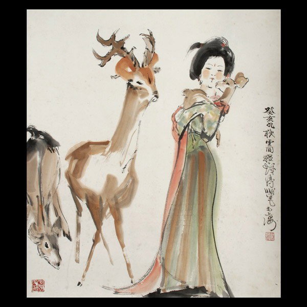 A Hanging Scroll: A Girl with Deer: A Hanging Scroll: A Girl with Deer, ink and color on paper, inscribed, bearing the signature 'Cheng Shiva', two seals {Image 26 3/4 x 23 1/2 inches}
