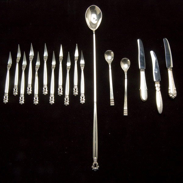 11 Georg Jensen Nut Picks and a Cocktail Spoon: Set of Eleven Georg Jensen Nut Picks and a Cocktail Spoon; together with three small Georg Jensen knives; and two sterling Jan Albers Hollard tasters (17) {Total silver weight 5.127 troy oz; length of