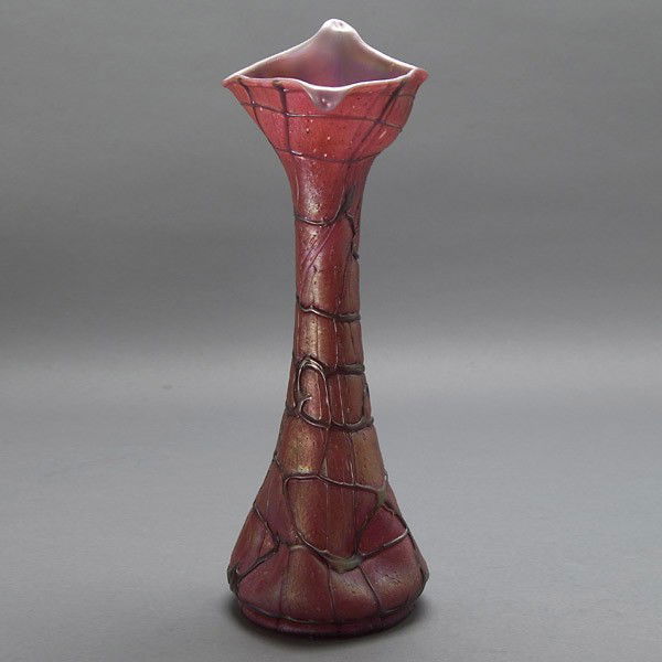 Loetz Type Vase,: Loetz Type Vase, with cylindrical lily opening, threaded on red ground with highlights {Height 13 3/8 inches}