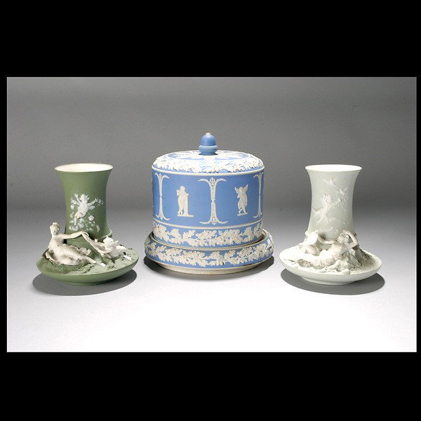 Wedgwood Blue Jasperware Covered Cake Stand: Wedgwood Blue Jasperware Covered Cake Stand; together with a pair of German green jasperware vases (3) {Height of cake stand 10 inches, diameter 10 inches} [Cake stand lacking finial and repainted]