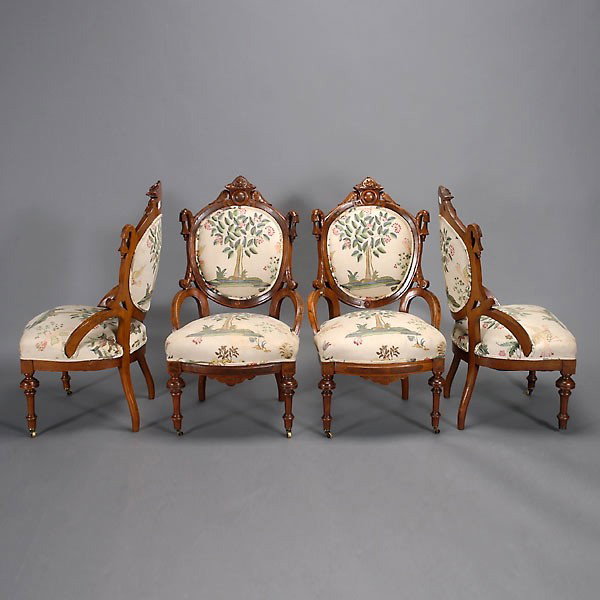 Four Aesthetic Movement Walnut Parlor Chairs: Four Aesthetic Movement Walnut Parlor Chairs, with shell crestrail and upholstered Chinoiserie fabric {Dimensions 39 1/2 x 22 x 18 inches}