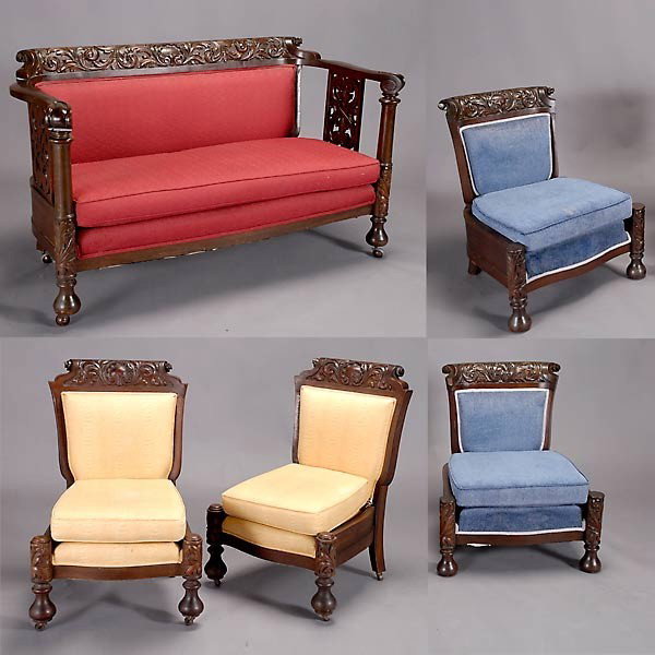 Renaissance Revival Five Piece Parlor Suite: Renaissance Revival Five Piece Parlor Suite with Carved Leaf Shell Crest, 20th Century: four chairs, in two sizes, and a settee {Dimensions of settee 35 1/2 x 60 x 29 1/2 inches; larger chairs 33 x 28