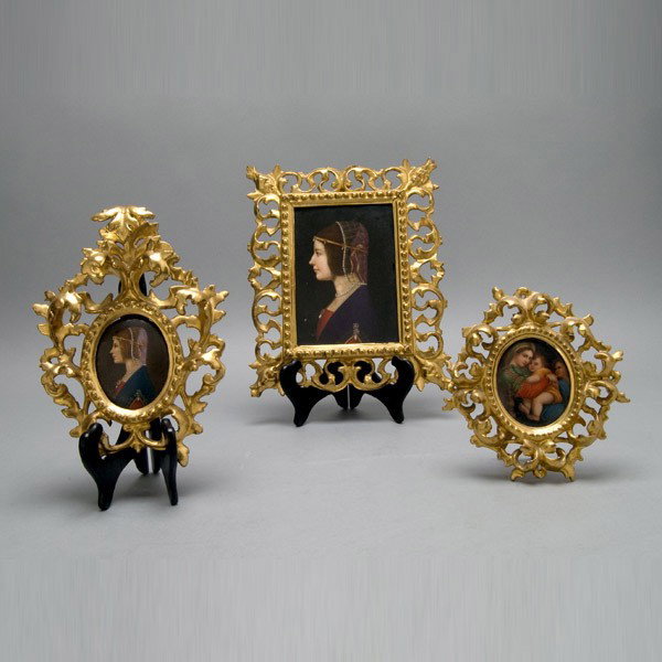 3 Italian Renaissance Revival Porcelain Plaques: Three Italian Renaissance Revival Porcelain Plaques in Gilt Frames, Circa 1900: one after a Raphael Madonna and Child marked Firenze, two of Beatrice d'Este {Dimensions of largest 11 1/4 x 9 inches}