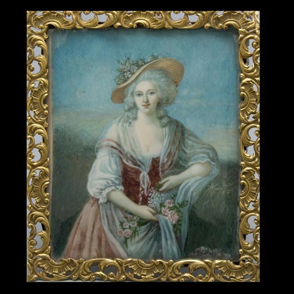 After Sir Thomas Gainsborough, Miniature of A Lady: After Sir Thomas Gainsborough, Miniature of a Lady Gathering Flowers, watercolor on ivory, mounted in a Rococo style gilt brass frame with a hanger {Dimensions 6 x 4 3/4 inches} [Not examined out of f