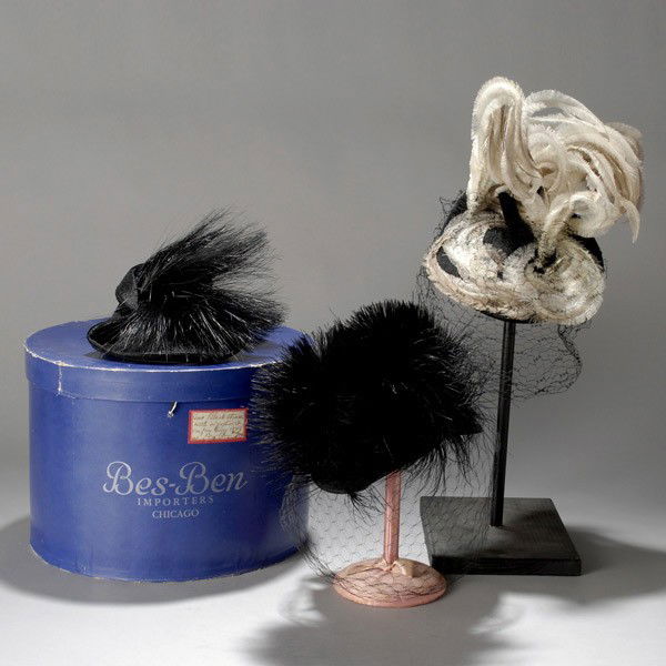Three Bes-Ben Straw & Feather Hats; Bes-Ben Box: Three mid 1940s straw and feather hats, Bes-Ben, Chicago, plus box