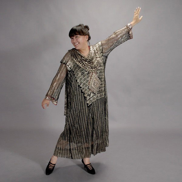 Vintage Dress of Assuit Mesh Shawls and Shawl.: Vintage Dress of Assuit Mesh Shawls and Shawl. Full length tunic dress styled from mesh shawls having capped shoulders, long sleeves and a deep V neck together with a coordinating assuit shawl. Dress