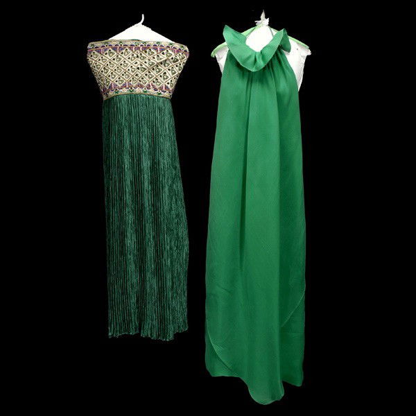 Two Items of Couture Clothing: Two Items of Couture Clothing: Bill Blass apron style halter dress; and a Mary McFadden beaded top pleated shirt gown