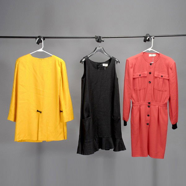 Three Items of Couture Clothing: Three Items of Couture Clothing: red Valentino wool crepe day dress; black Bill Blass tunic; and a yellow Pierre Cardin tunic