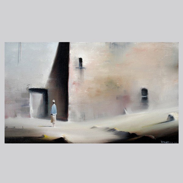 ROBERT WATSON "Study for Italian Buildings" 1974 : ROBERT WATSON. (American, 1923 - 2004) "Study for Italian Buildings" 1974. Oil on canvas. Sight: 8 x 14 inches. Signed and dated lower right. Verso: Titled and artist name. Very good condition. Framed
