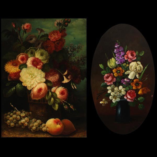 Two American Floral still life paintings: Two AMERICAN FLORAL STILL LIFE paintings (19th/20th century). 1) Henry L. Sanger. Signed lower right. Oval 24 x 13 1/2 inches. 2) Gloriano Vigna. Signed lower right. 24 x 18 inches. Both in good condi