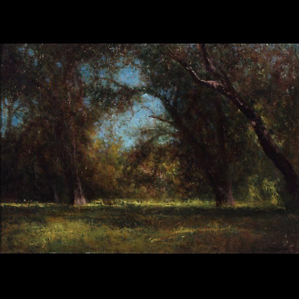 Charles Dormon Robinson Oak clearing, Sonoma : CHARLES DORMON ROBINSON (American, 1847 - 1933) "An Oak Opening Sonoma" Oil on canvas, circa 1900. Signed lower right and inscribed S.F. 14 1/2 x 20 inches. In a period frame. Very good condition. Fra