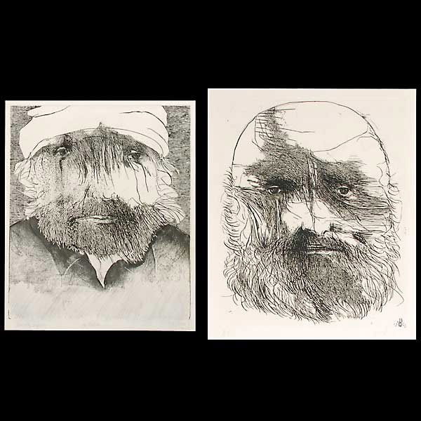 Two Leonard Baskin etchings: LEONARD BASKIN (American. 1922-2000). "Hercules Seghers"/"Man with Beard" (2) Etchings in black ink. Seghers with pencil drawing filling in the lower sections. Both signed lower right. Man inscribed "