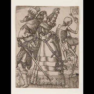 Allaert Claesz engraving of dancers with death: ALLAERT CLAESZ (Dutch, 16th century). "Totentanz" Engraving on paper. 3 1/2 x 2 5/8 inches. Artist's monogram and the year 1567 in a box upper right. Collector's stamp verso. In very good condition, t