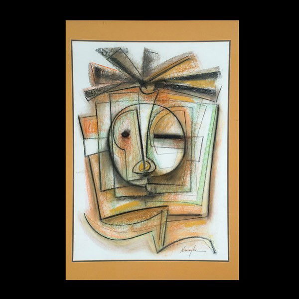 DAN NAMINGHA. "Mask #3" Pastel on canvas.: DAN NAMINGHA. (Native American, b. 1950) "Mask #3" Pastel on unstretched canvas. Sight: 30 x 21 1/4 inches. Signed lower right. Excellent condition. Framed, matted, and glazed. Not examined out of fra
