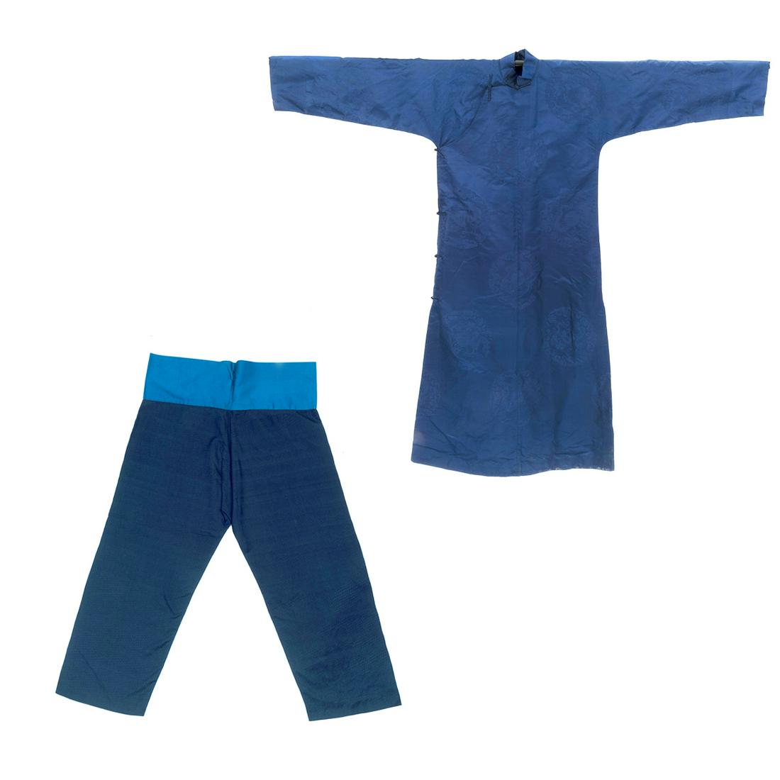 A Chinese Men's Blue Ground Silk Robe and Pants (1 of 3)