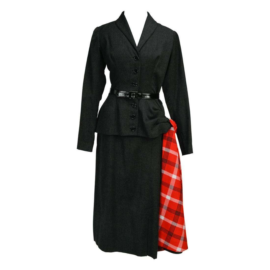 Jacques Fath Grey Wool Cocktail Dress with Sash (1 of 3)