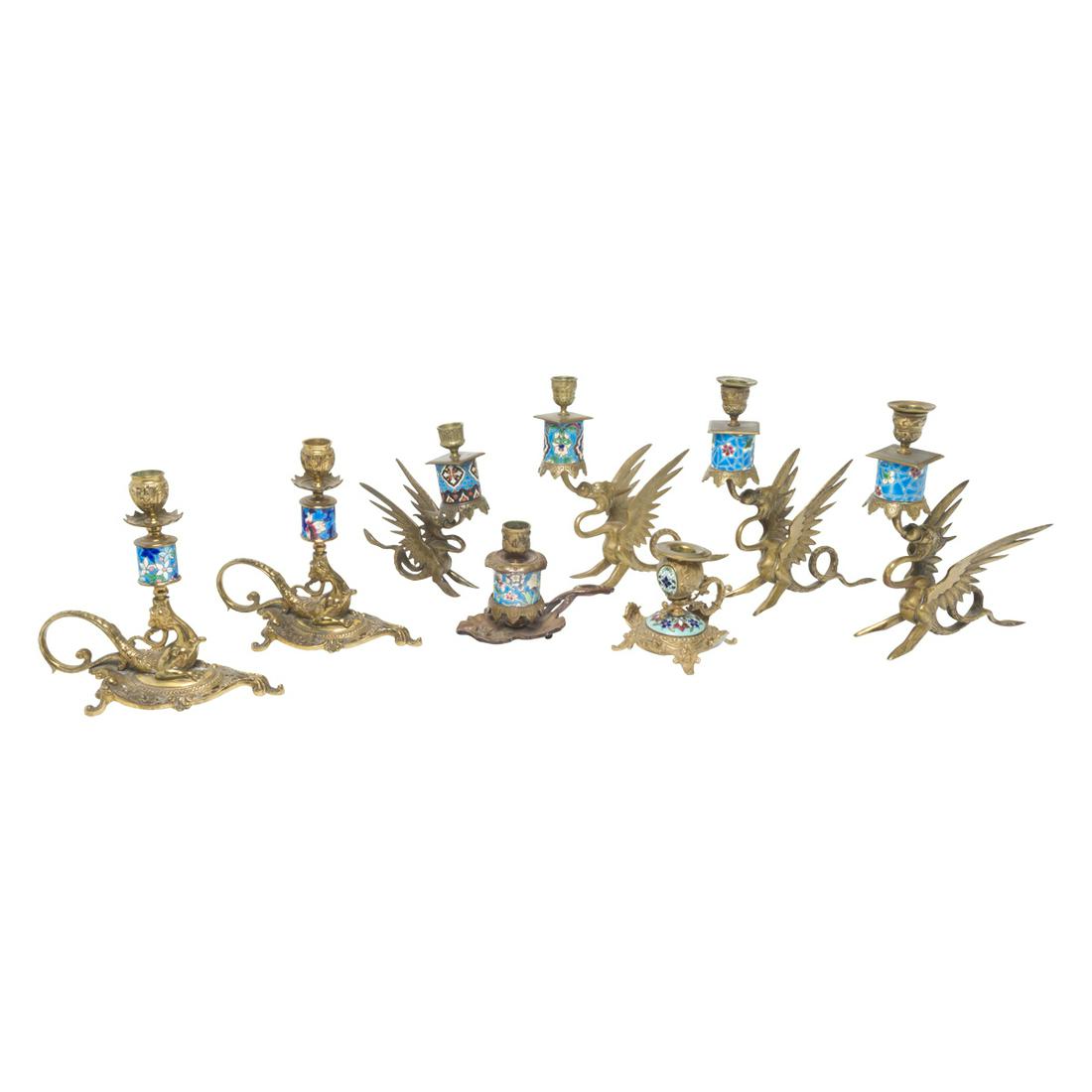 Eight Longwy Mounted Gilt Brass Dragon Candlesticks (1 of 3)