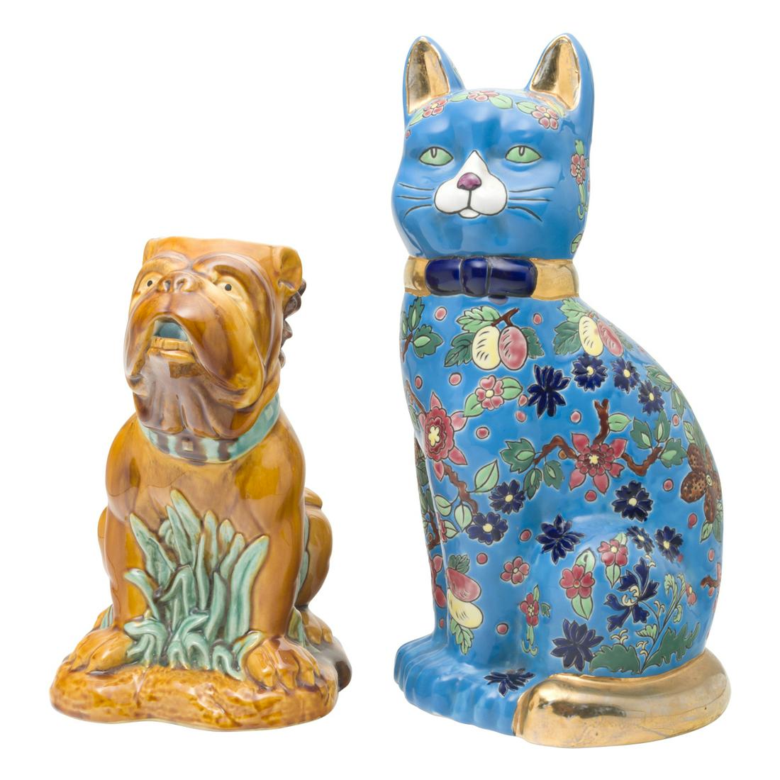 French Pottery Items, Longwy Cat and Bulldog Pitcher (1 of 3)