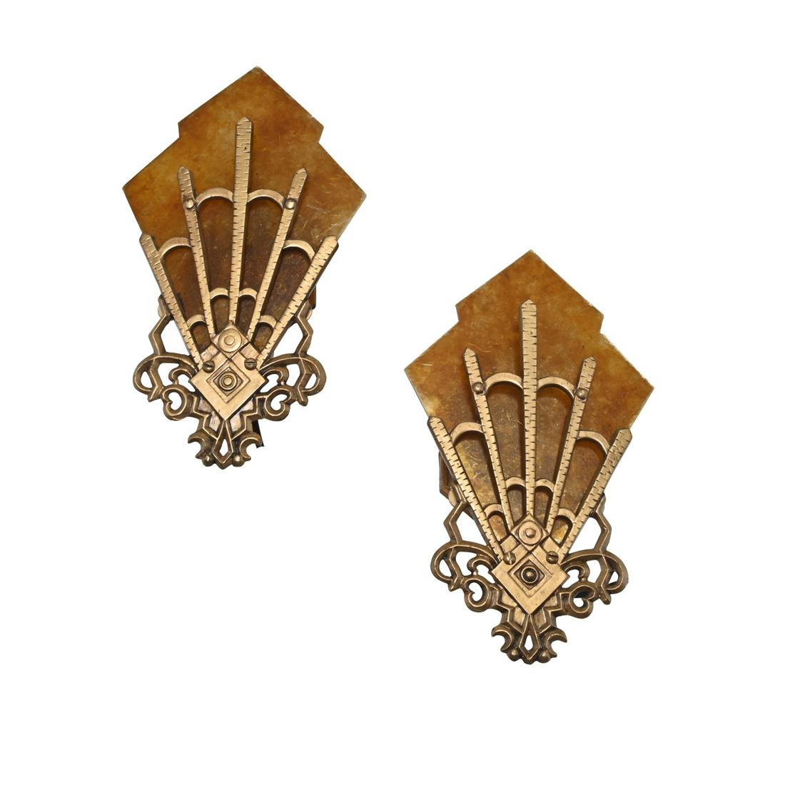 Pair of Art Deco Gilt Metal Mica Shade Sconces: Pair of Art Deco Gilt Metal Mica Shade Sconces. The shades may be mica veneer on plastic. {Approximate dimensions: 11 1/4 inches high.}. Condition: Minor wear and patina to the gilt finish. Mica shade