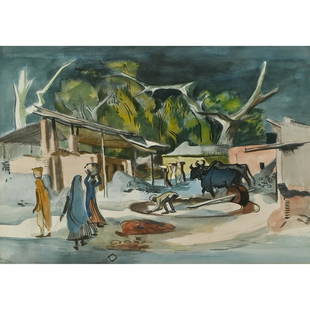 Millard Sheets, Oxen and Villagers, watercolor: MILLARD SHEETS (American, 1907-1989), Oxen and Villagers, India,1944, watercolor, Image size: 22.75 inches x 30.5 inches, overall (framed): 30 x 38 inches. Signed and titled on the bottom. Provenance: