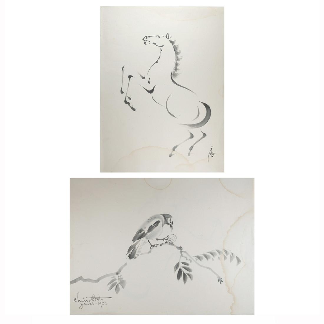 Chiura Obata, Bird with Nut and Horse: CHIURA OBATA (Japanese, 1885-1975), Bird with Nut on Branch and Horse on Hind Legs, January 28 1933, ink wash on paper, sheets (overall, each): 21 x 15.5 inches, both unframed. Each signed. Condition: