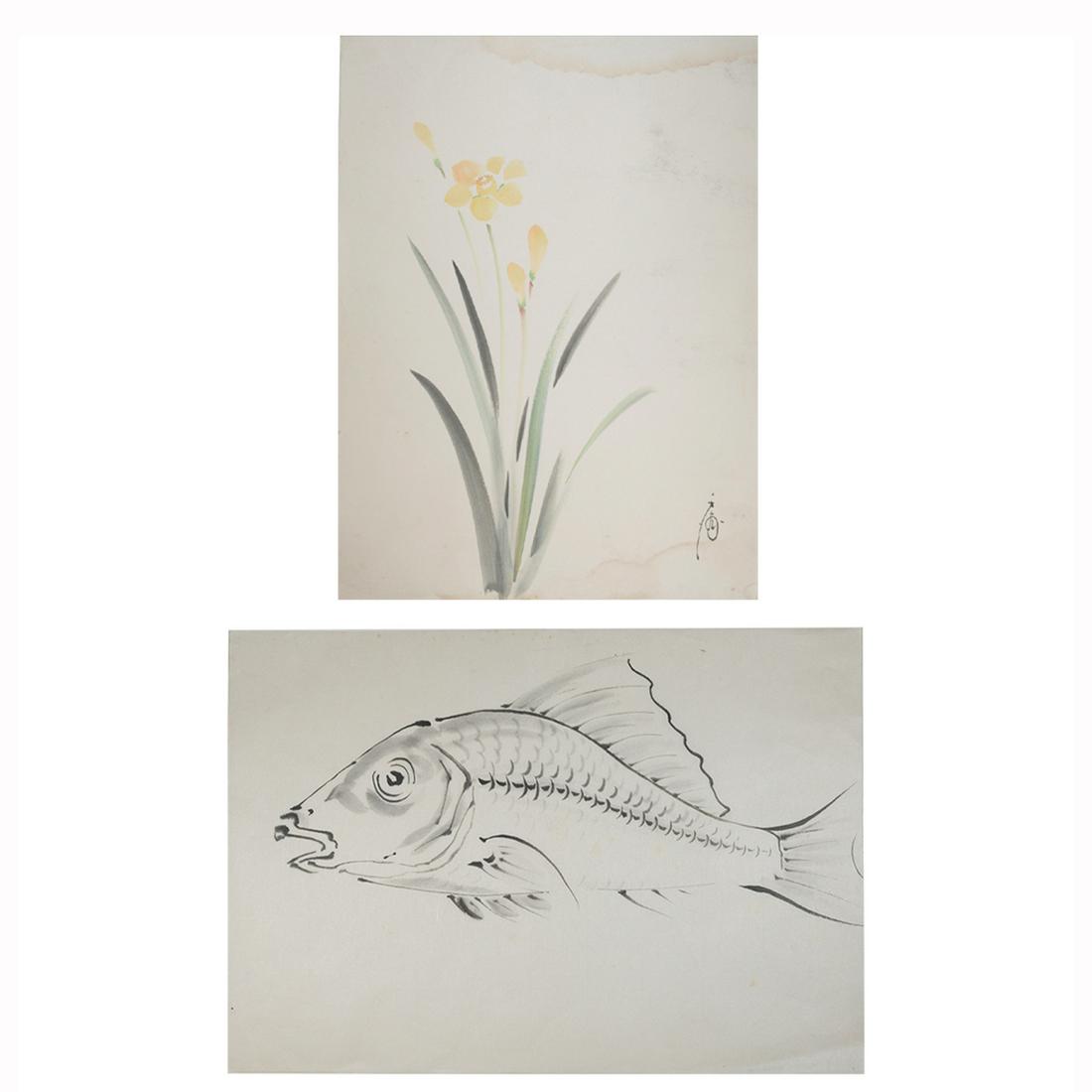 Chiura Obata, Yellow Flower and Fish: CHIURA OBATA (Japanese, 1885-1975), Yellow Flower and Fish, ink wash in colors and ink wash on japon paper, sheets (unframed): 21 x 15.5 inches and 11.25 x 16 inches. Yellow flower signed lower right.