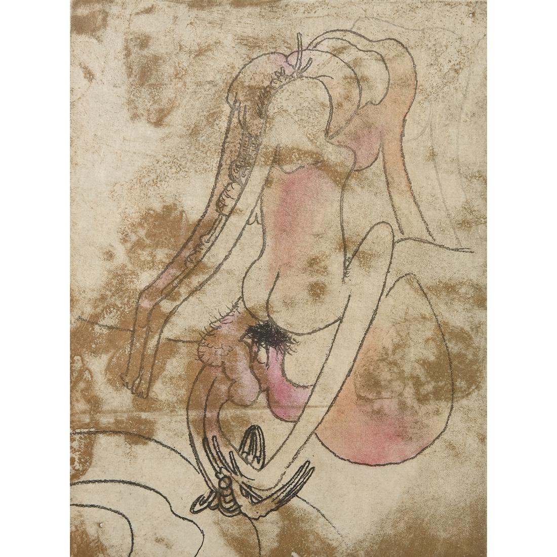 Roberto Matta, Erotic Composition, etching: MARCO MATTA (Chilean, 1911-2002), Erotic Composition, etching and aquatint in colors, image: 9 x 7 inches, framed: 18.5 x 15.25 inches, pencil signed lower right, edition 21/85
