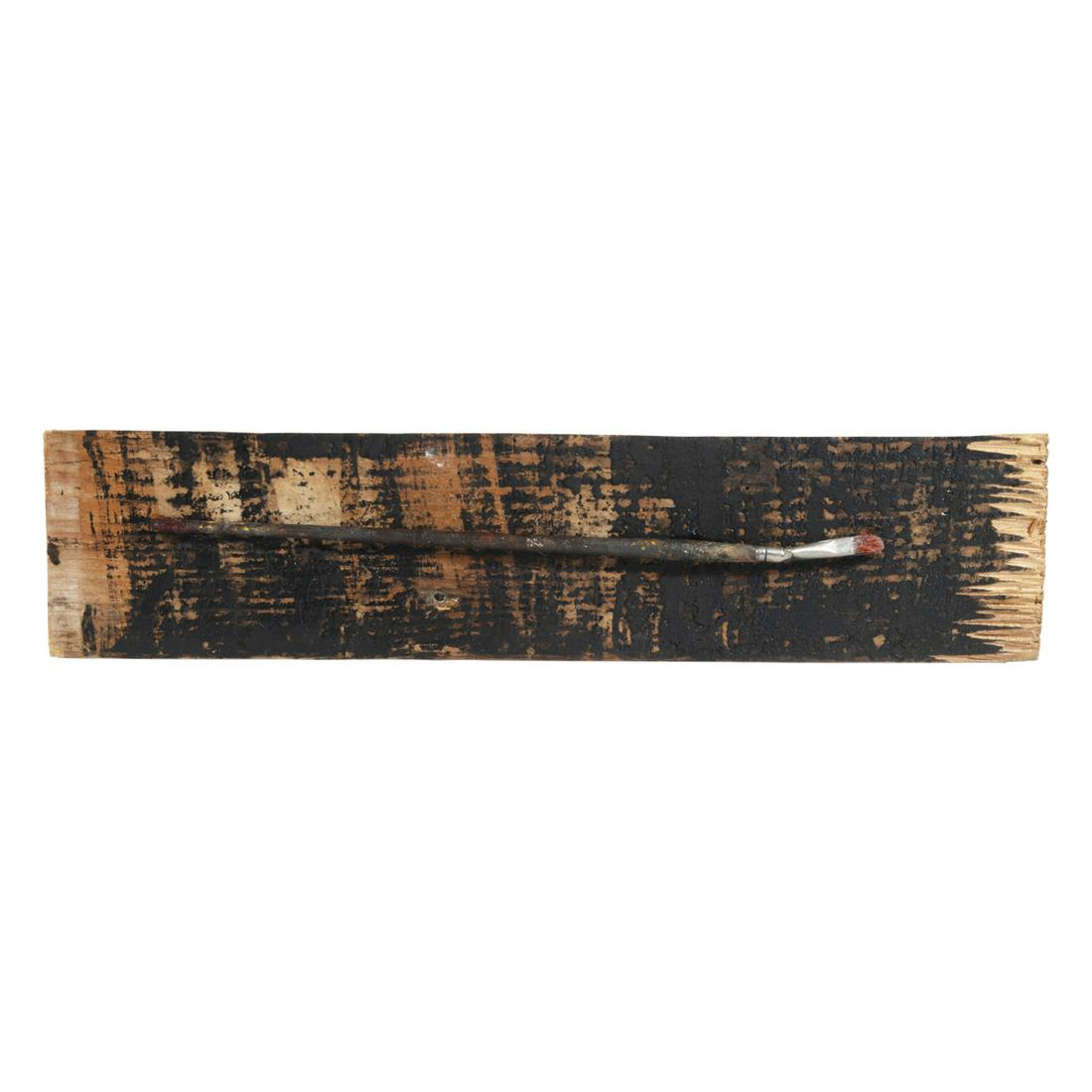 Sono Osato, Paintbrush, conceptual art sculpture: SONO OSATO (American, b. 1960), â€œBent Brush”, 1990, paintbrush applied to black painted wood panel, 15” h x 3- 1/4” w x 1- 1/2” d, signed â€œSono” with monogram