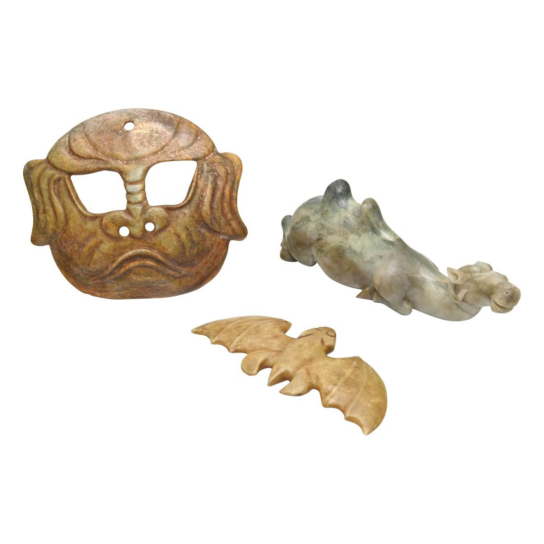 Three Chinese Jade Carvings of Camel, Bat and Mask (1 of 3)