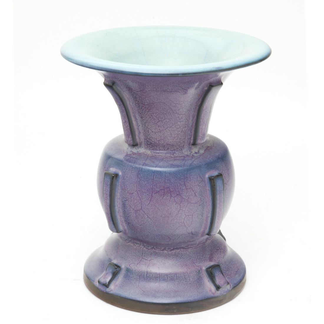 Chinese Jun Archaistic 'Zun' Vase: Chinese Jun Archaistic 'Zun' Vase. Finely potted with a highly splayed foot rising to a bulbous body to a broad trumpet neck, the foot, body, and neck each set with four vertical flanges, covered over