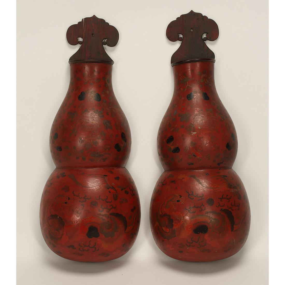 Pair of Chinese Red Lacquer Double Gourd Wall Hangings (1 of 3)