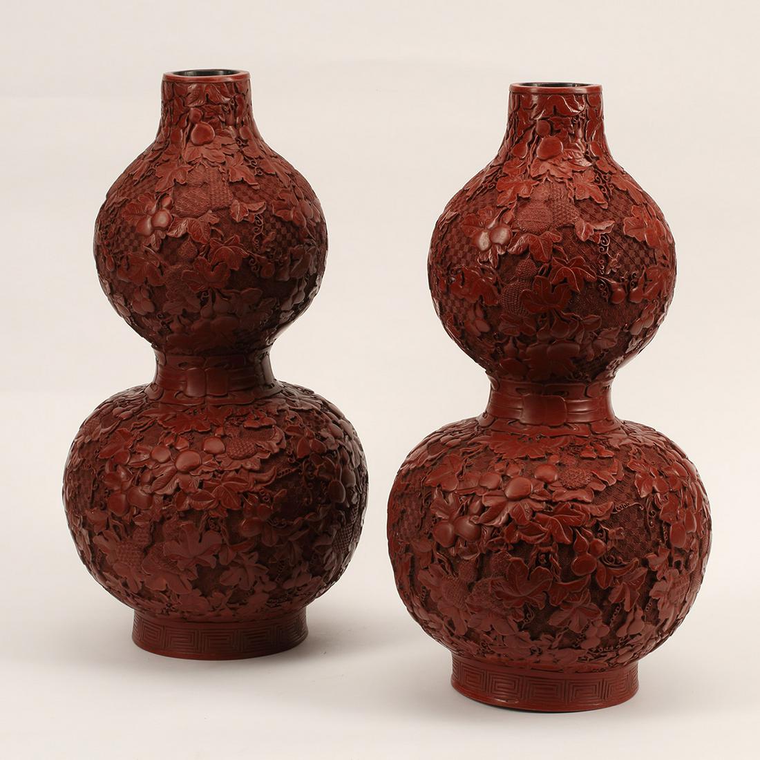 Pair of Chinese Double Gourd Cinnabar Vases (1 of 3)