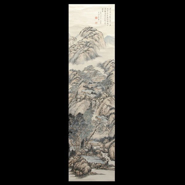 A Chinese Hanging Scroll: A Mountainous Landscape: A Chinese Hanging Scroll: A Mountainous Landscape, ink and color on paper, inscribed, dated, with a signature 'Chen Banding', two seals {Image 53 1/2 x 13 1/4 inches}