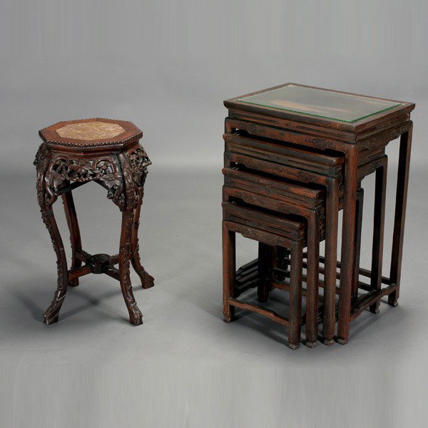 Four Stacking Tables & a Marble Top Display Stand: A Set of Four Stacking Square Side Tables and a Marble-Topped Display Stand, the stacking tables with aprons displaying simplistic geometric scroll designs, the largest with a glass top; the display s