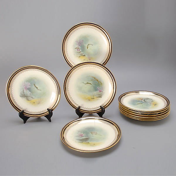 Ten Minton Fish Plates Retailed by Tiffany & Co.: Set of Ten Minton Fish Plates Retailed by Tiffany & Co. {Diameter 8 7/8 inches} [Four with condition issues]