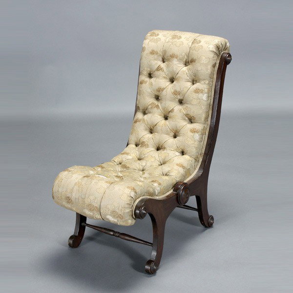 Victorian Tufted Upholstered Mahogany Slipper Chai: Victorian Tufted Upholstered Mahogany Slipper Chair {Dimensions 31 x 16 x 27 inches}