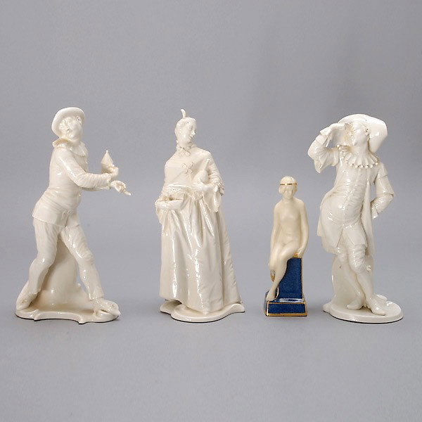 4 Porcelain Figural Groups, one by Royal Worcester: Four Porcelain Figural Groups, smallest by Royal Worcester {Height of tallest 8 inches; height of smallest 5 1/2 inches}