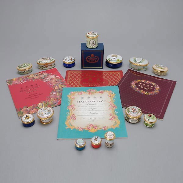 12 Enamel Halcyon Days Boxes and Four Catalogues: Group of Twelve Enamel Halcyon Days Boxes and Four Catalogues; together with a Limoges box with birds; and an English Crummles box (14 boxes) {Height of Limoges 1 1/2 inches, length 2 1/2 inches}