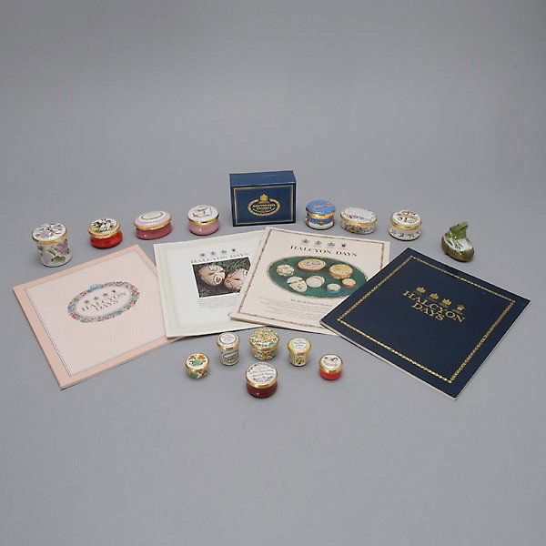 12 Enamel Halcyon Days Boxes and Four Catalogues: Group of Twelve Enamel Halcyon Days Boxes and Four Catalogues; together with a Limoges frog box; and an English Crummles box (14 boxes) {Height of Limoges 2 1/4 inches}