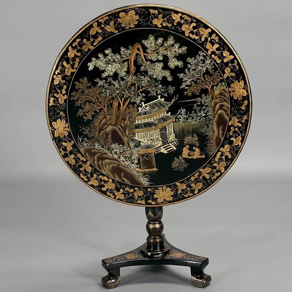 Chinese Export Tilt Top Ebonized Tripod Table: Chinese Export Tilt Top Decorated Ebonized Tripod Table {Height 22 3/4 inches, diameter of top 23 1/2 inches}