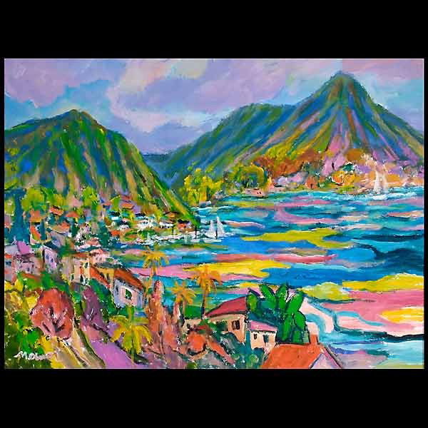 Manor Shadian. "Kaneohe Bay, Oahu" Acrylic: MANOR SHADIAN. (Israeli/American, b. 1931) "Kaneohe Bay, Oahu" Acrylic on canvas. 18 x 24 inches. Signed lower right. Verso: Title, medium, size, and artist name. Very good condition. Framed and linen